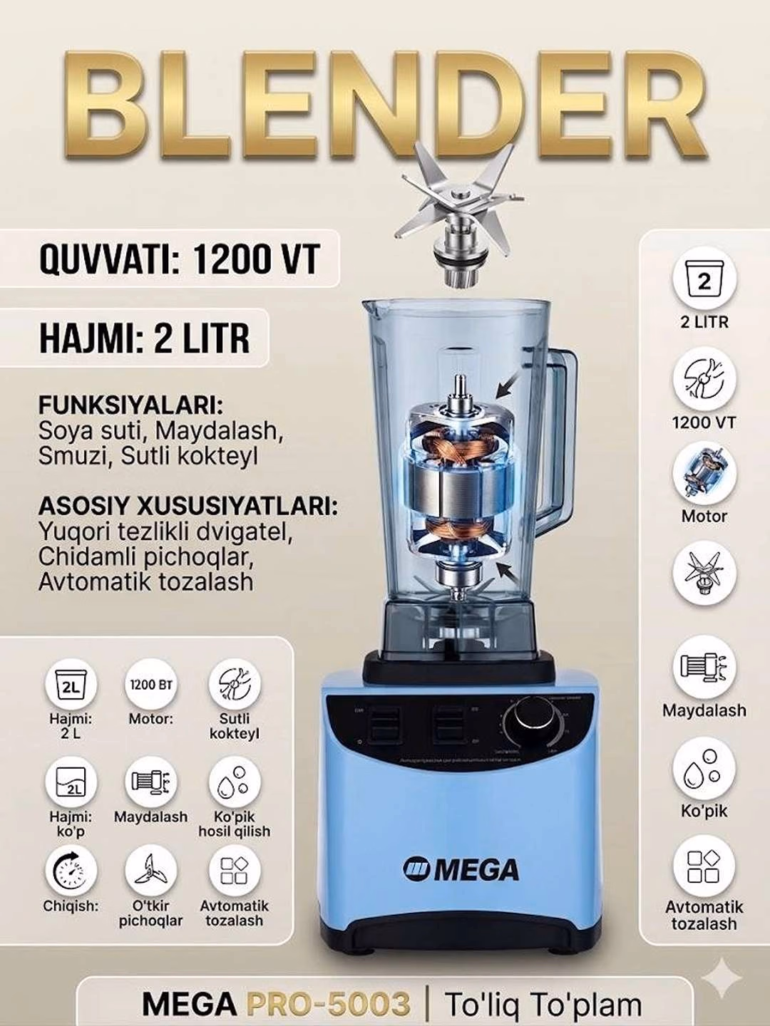 Professional statsionar blender MEGA PRO-5003, 2 L, 1200 Vt, qizil - 7