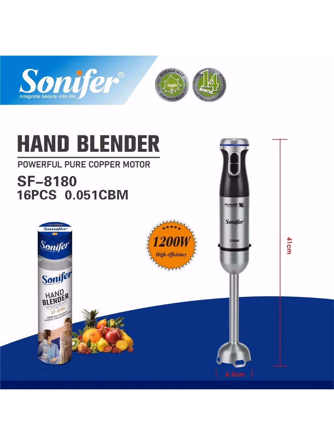 Qo'l blenderi Sonifer SF-8180, 1200 Vt, kumushrang