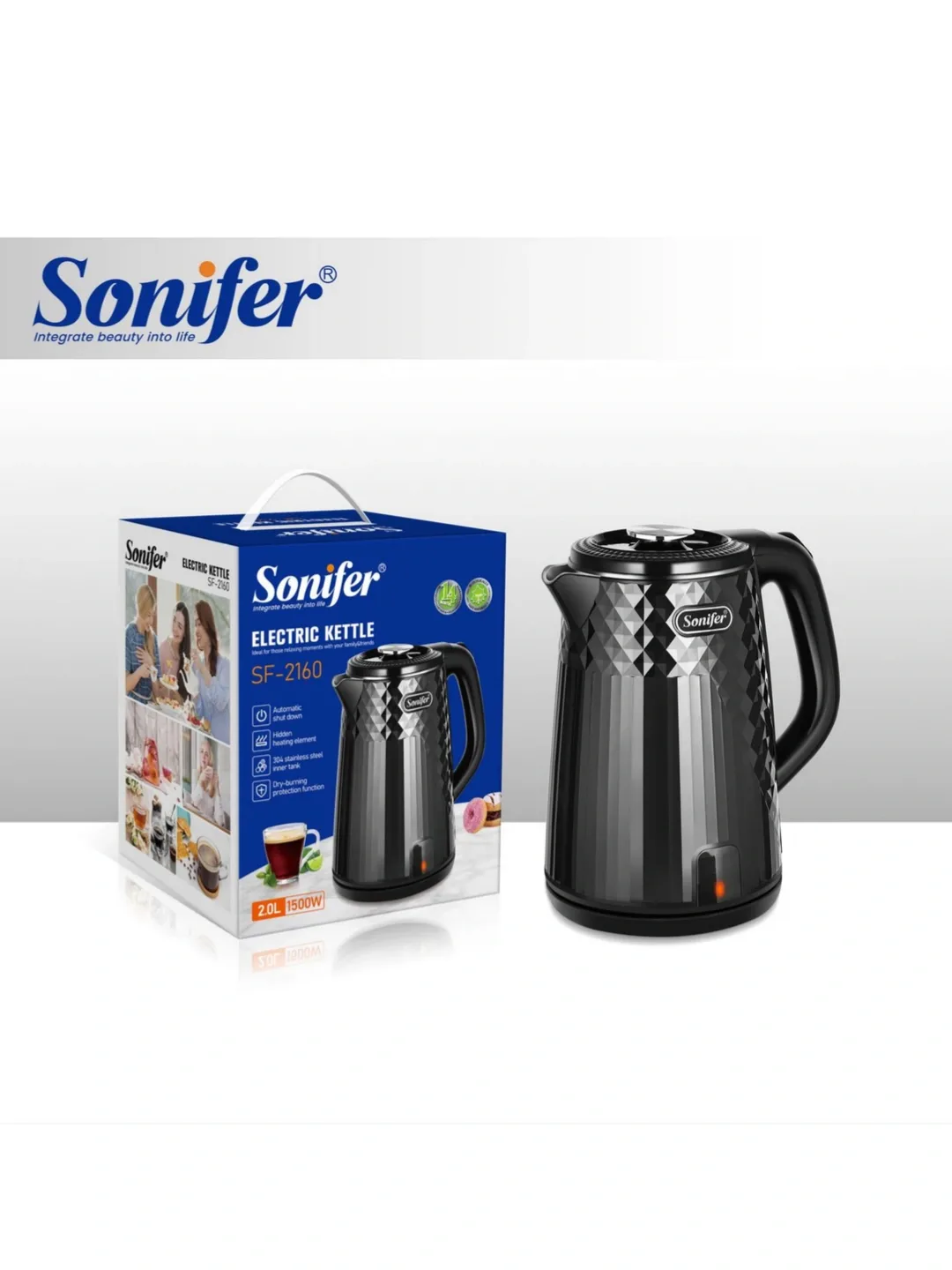 Elektr choynak Sonifer SF-2160, 2.0 L, 1500 Vt, qora
