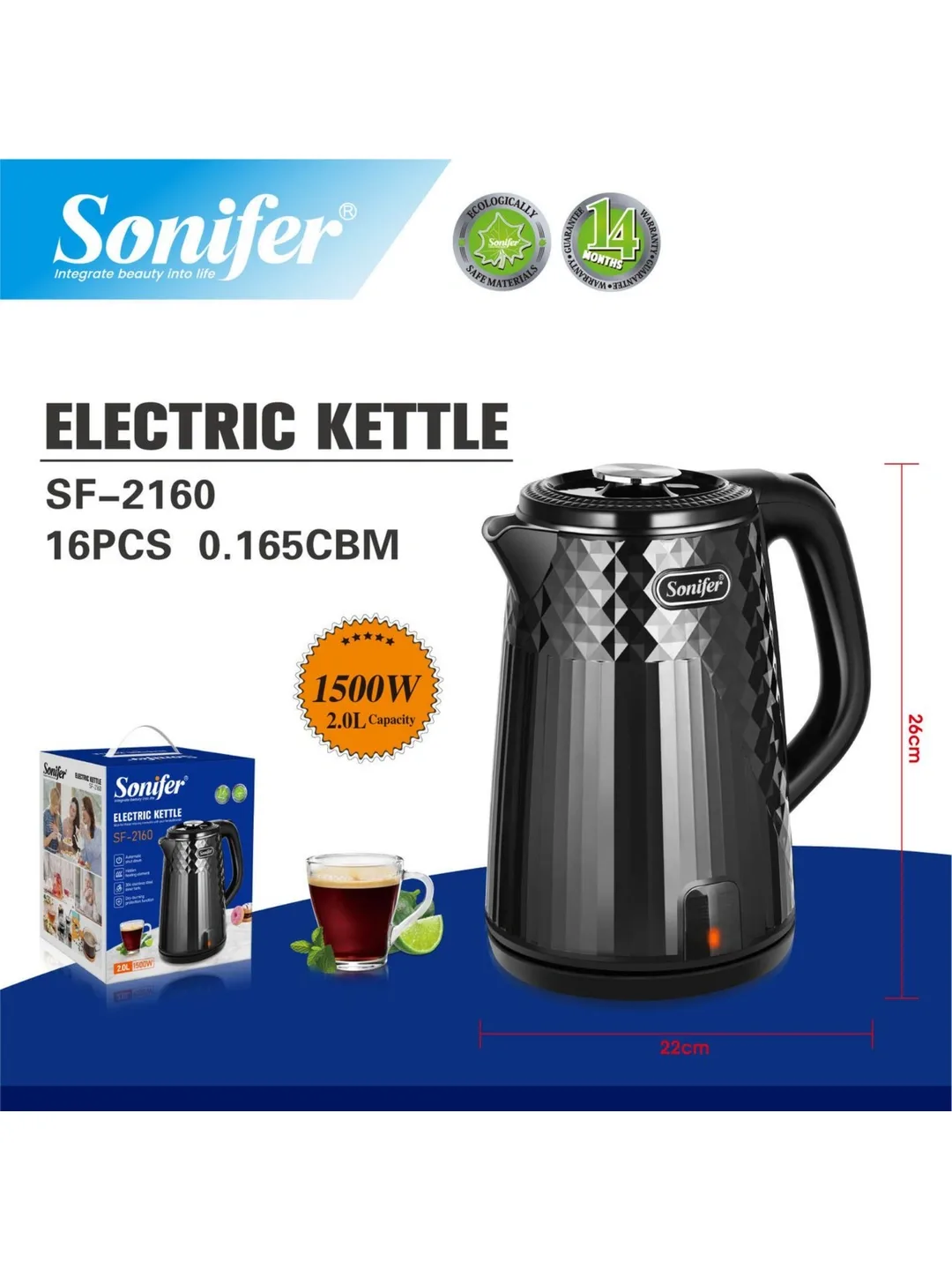 Elektr choynak Sonifer SF-2160, 2.0 L, 1500 Vt, qora