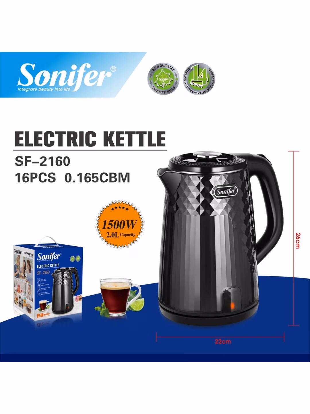 Elektr choynak Sonifer SF-2160, 2.0 L, 1500 Vt, qora - 3