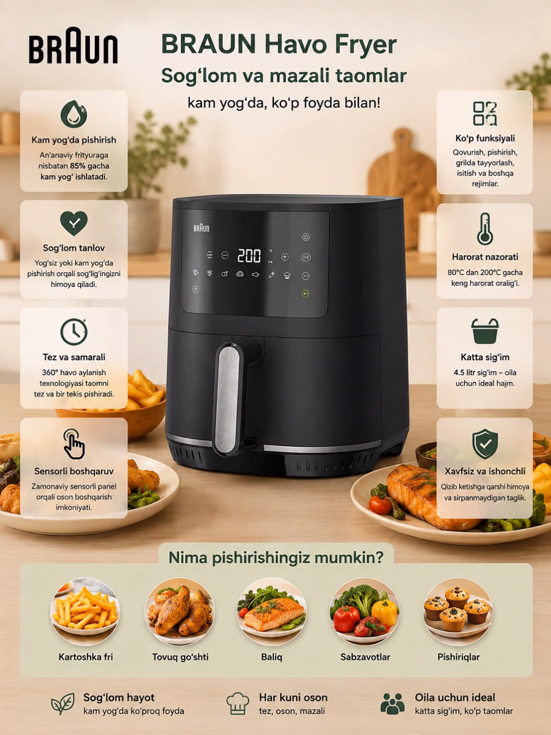 Aerogril Braun CG9047, 4.5 L, sensorli displey, qora