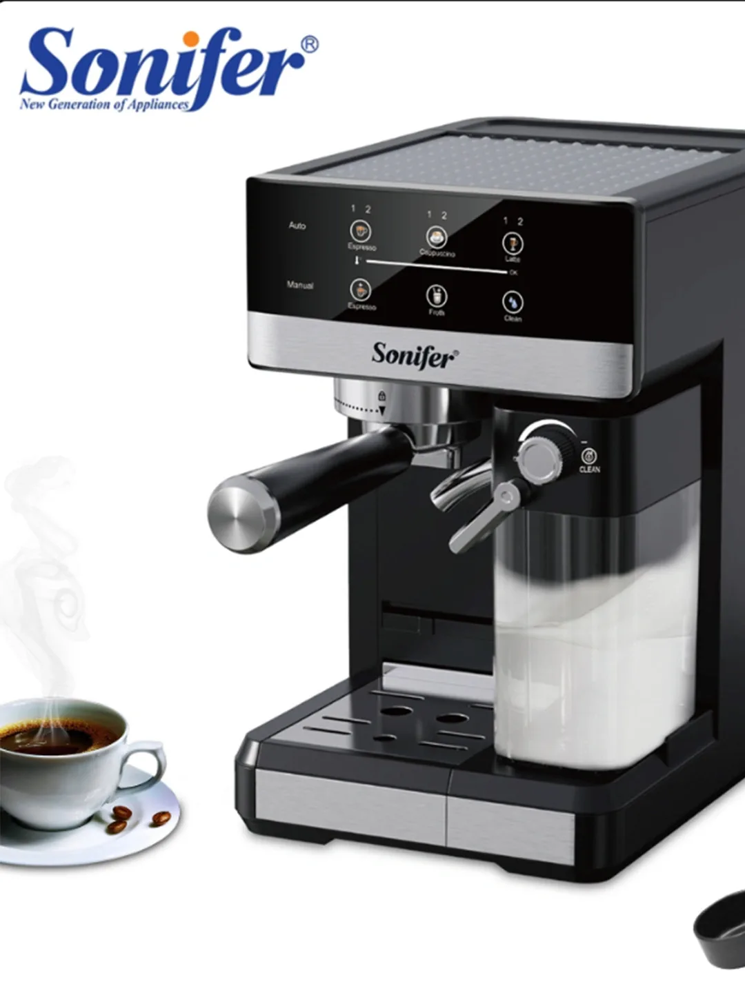 Kofe mashinasi Sonifer SF-3573, sensorli displey, 20 bar, kumush