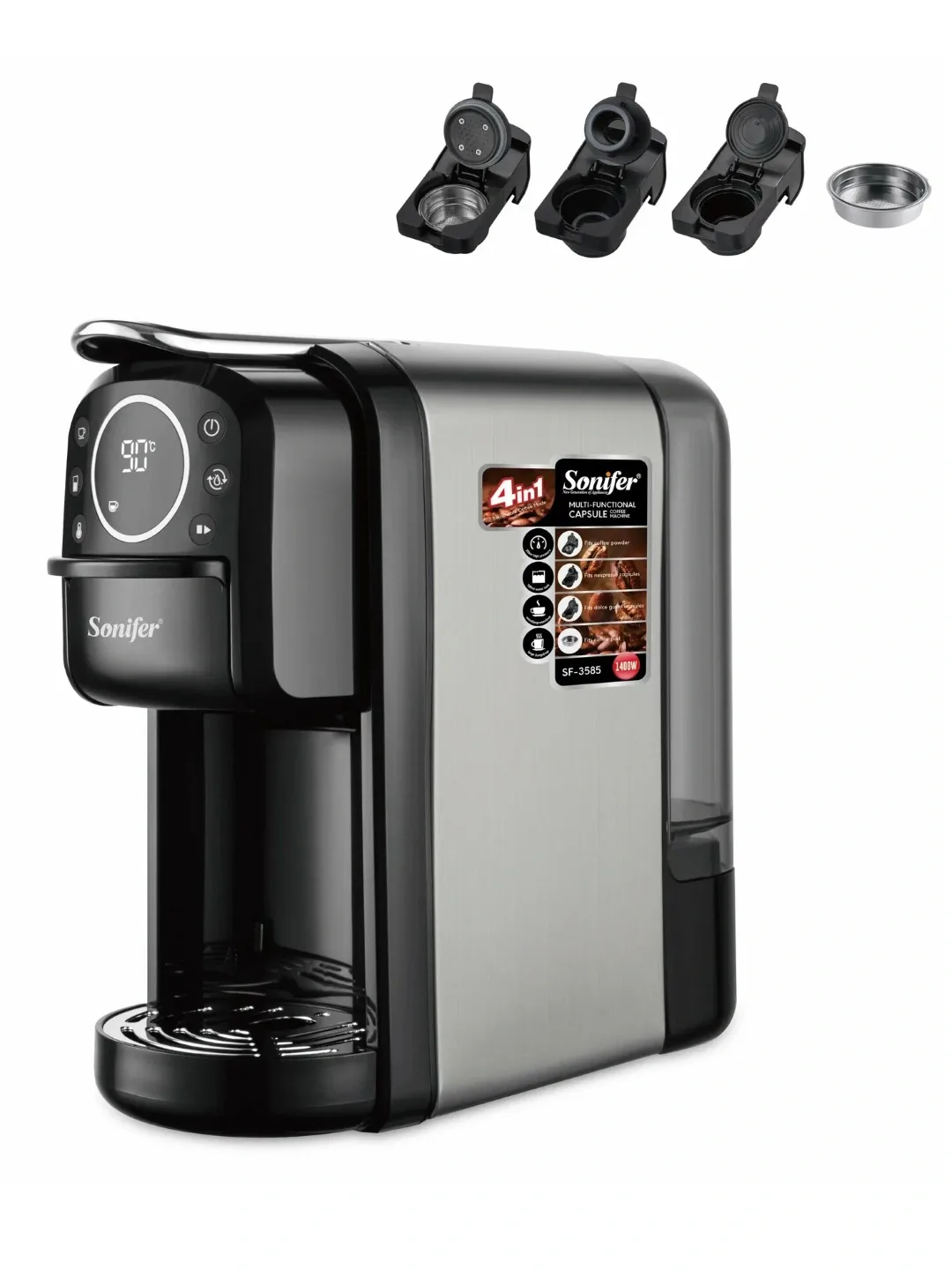 Kapsulali kofe qaynatgich Sonifer SF-3579 4 tasi 1 da, 20 bar, qora