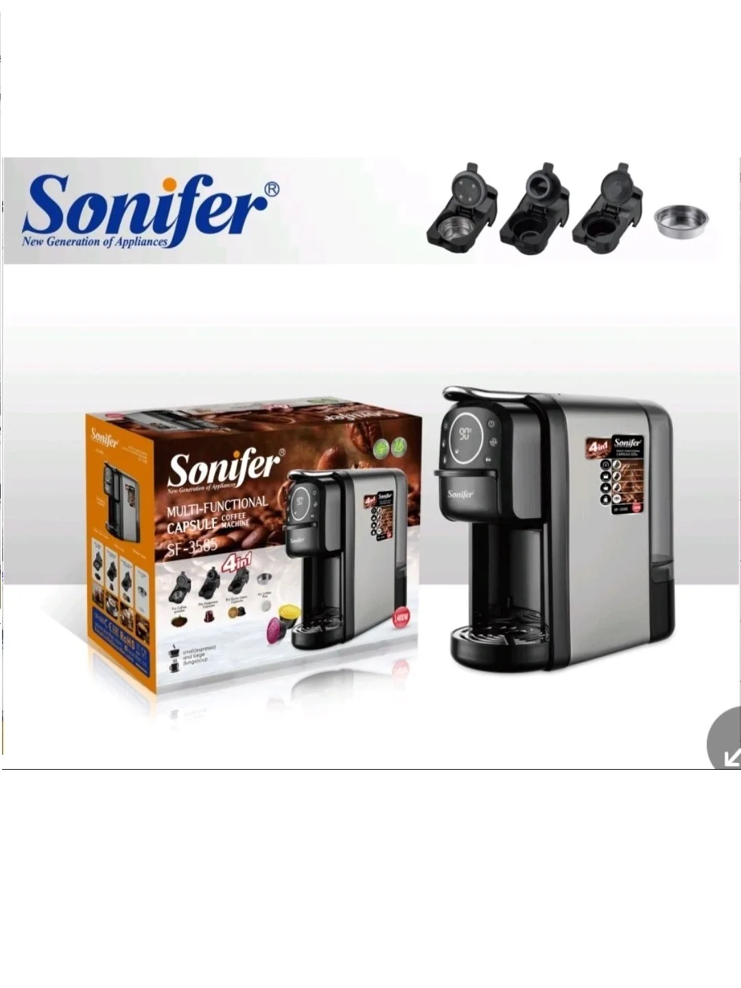 Kapsulali kofe qaynatgich Sonifer SF-3579 4 tasi 1 da, 20 bar, qora