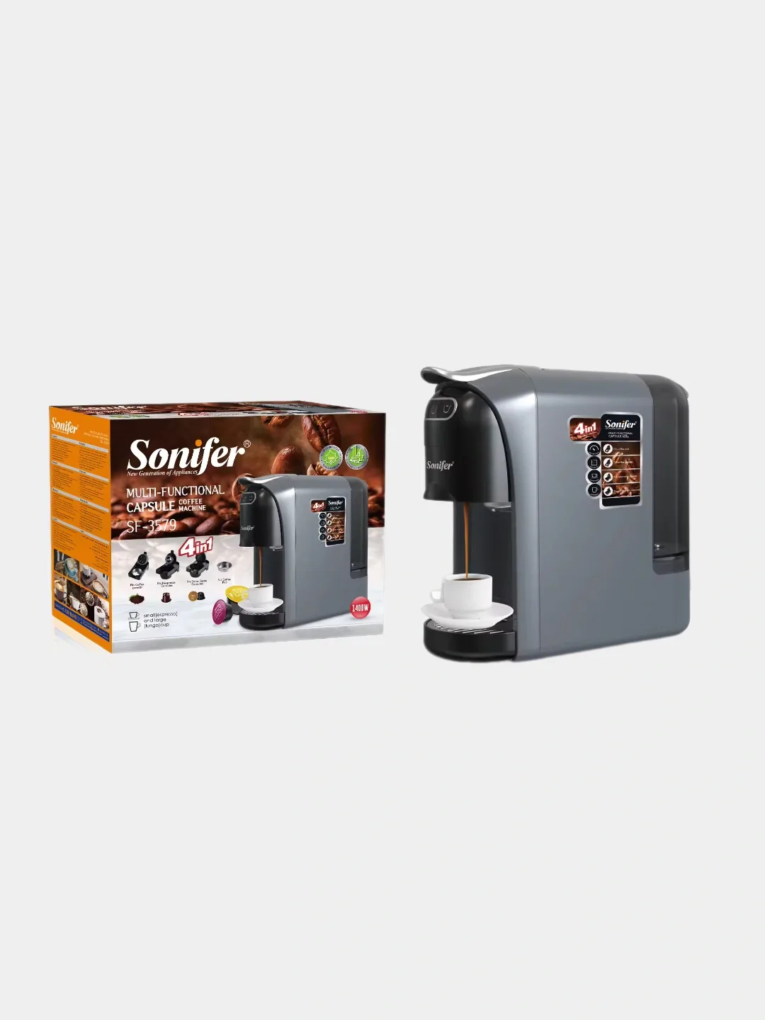 Kapsulali kofe qaynatgich Sonifer SF-3579 4 tasi 1 da, 20 bar, qora