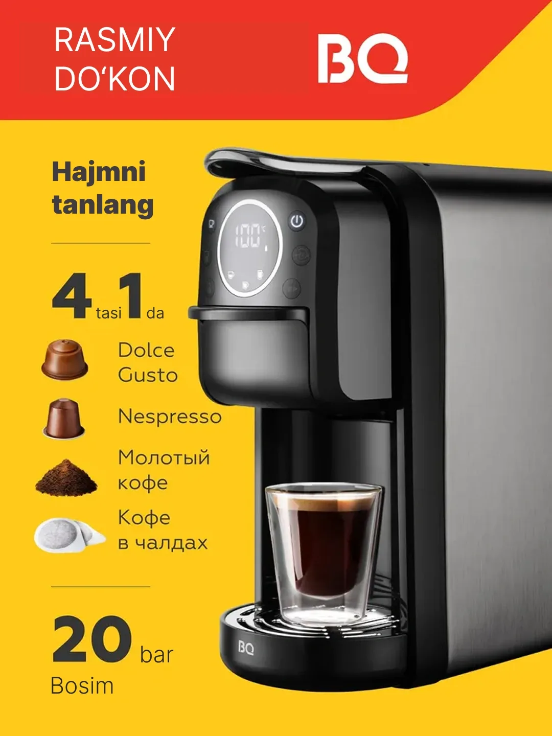 Kapsulali kofe qaynatgich BQ BQ-MG2005, 20 bar, 1400 Vt, qora
