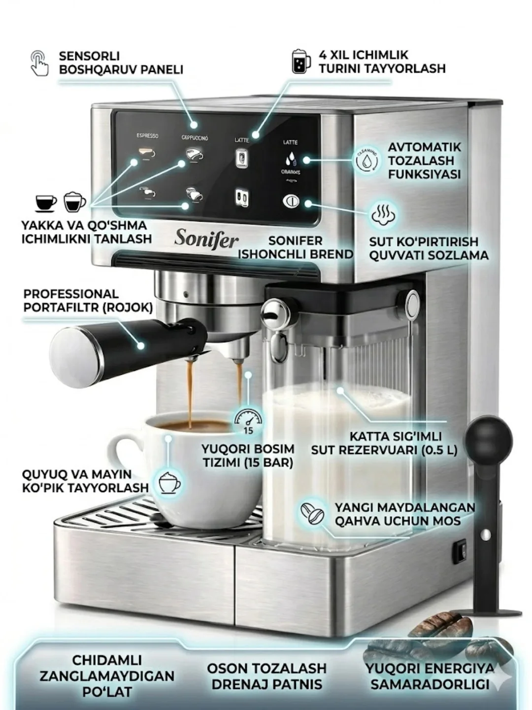 Tomchili kofe qaynatgich Sonifer SF3587, 0.5 L, kumushrang