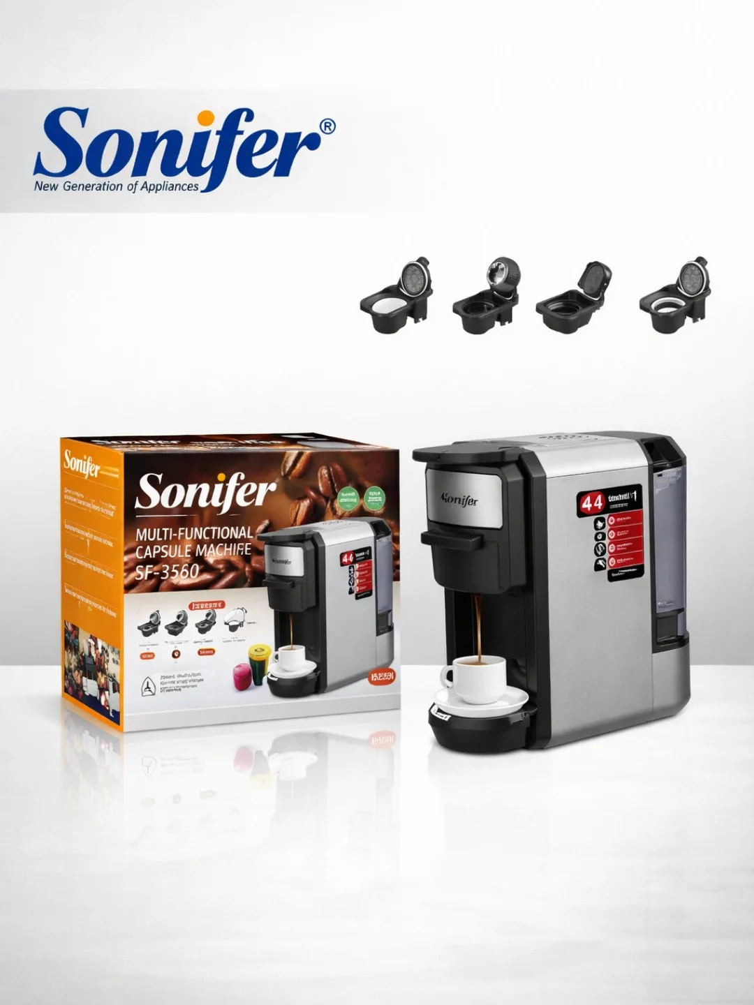 Kapsulali kofe qaynatgich Sonifer SF-3580 4 tasi 1 da, kumush-qora