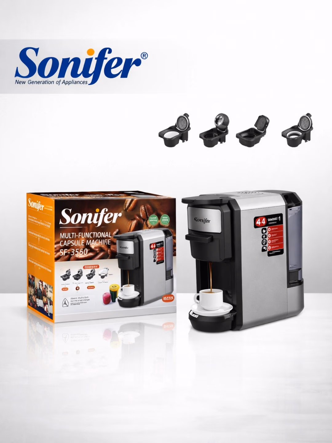 Kapsulali kofe qaynatgich Sonifer SF-3580 4 tasi 1 da, kumush-qora - 2