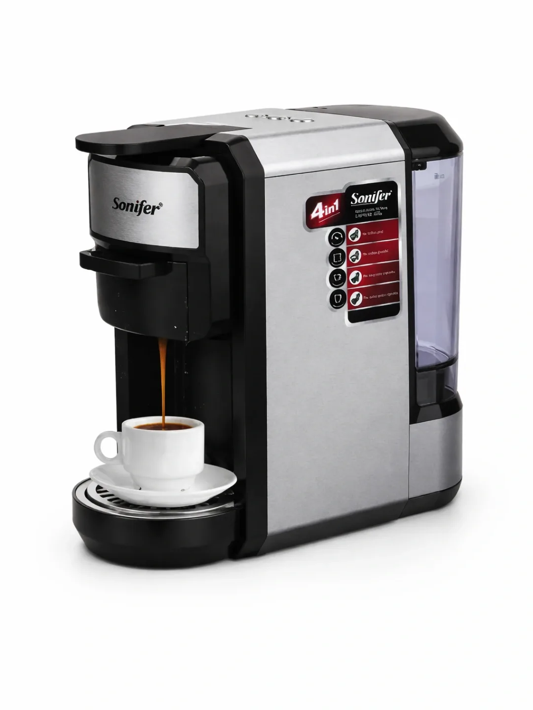 Kapsulali kofe qaynatgich Sonifer SF-3580 4 tasi 1 da, kumush-qora