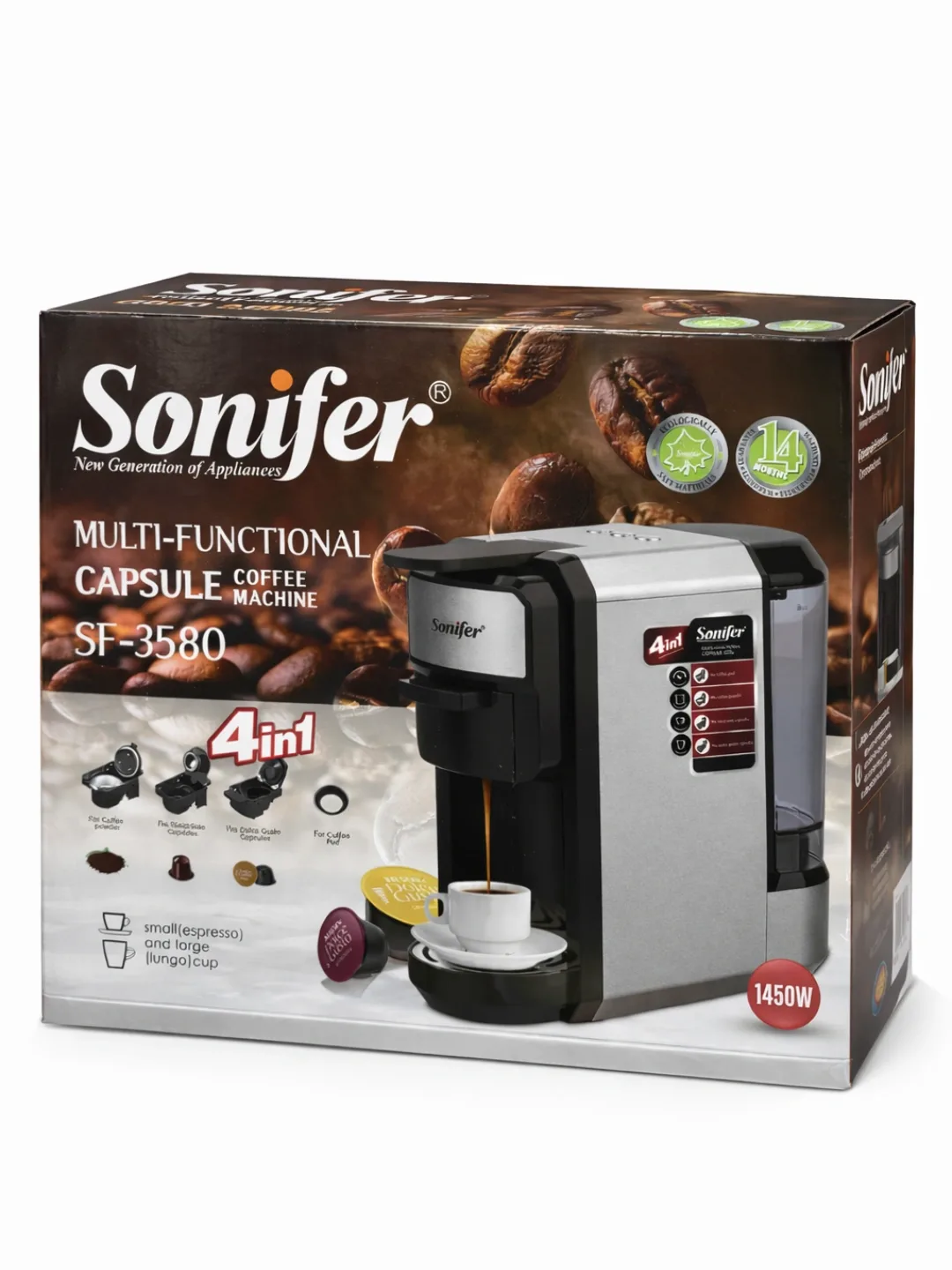 Kapsulali kofe qaynatgich Sonifer SF-3580 4 tasi 1 da, kumush-qora