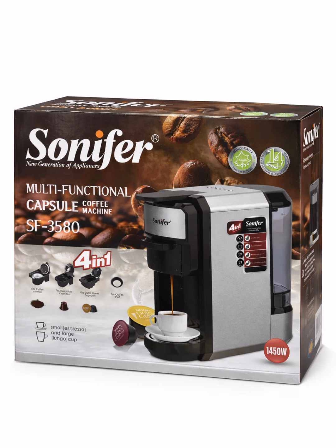 Kapsulali kofe qaynatgich Sonifer SF-3580 4 tasi 1 da, kumush-qora - 4