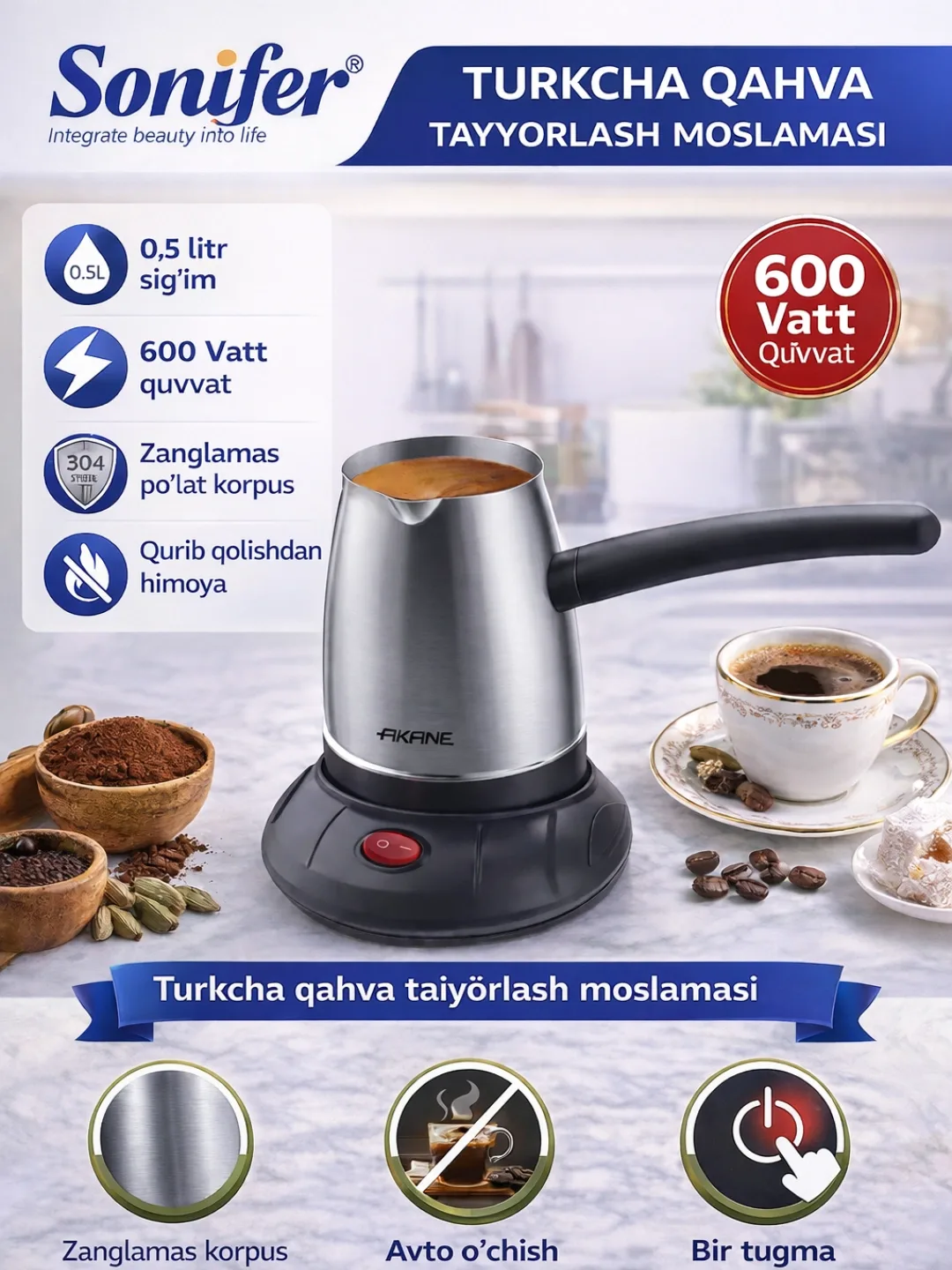 Elektr turka Sonifer SF-3604, turk kofesi uchun, 0.5 L, kumush