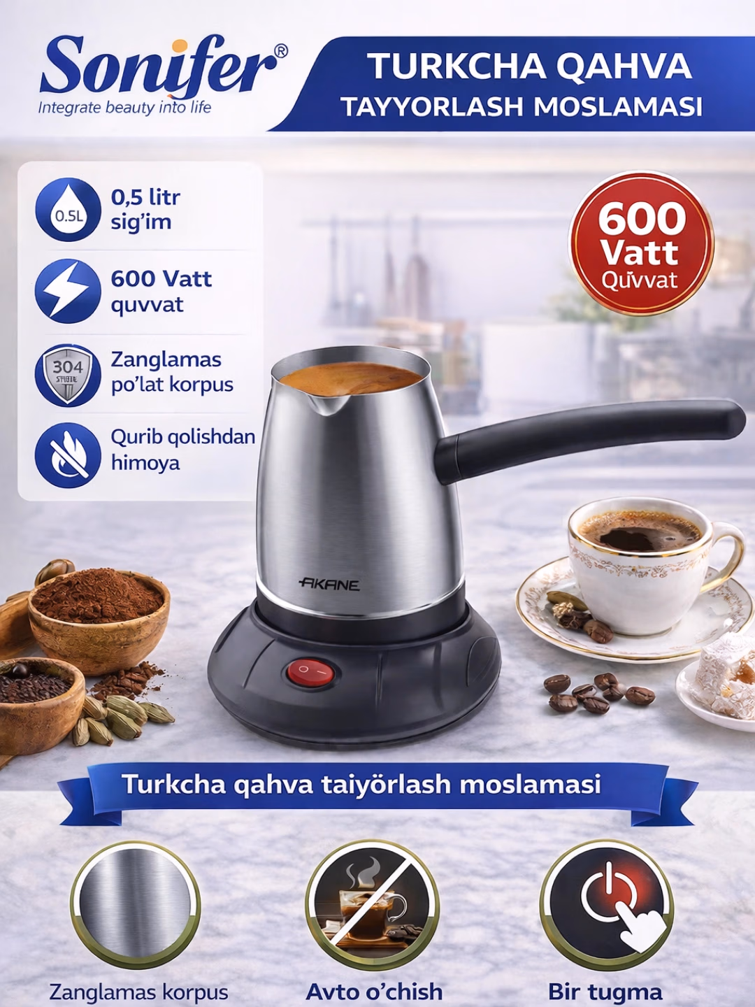 Elektr turka Sonifer SF-3604, turk kofesi uchun, 0.5 L, kumush