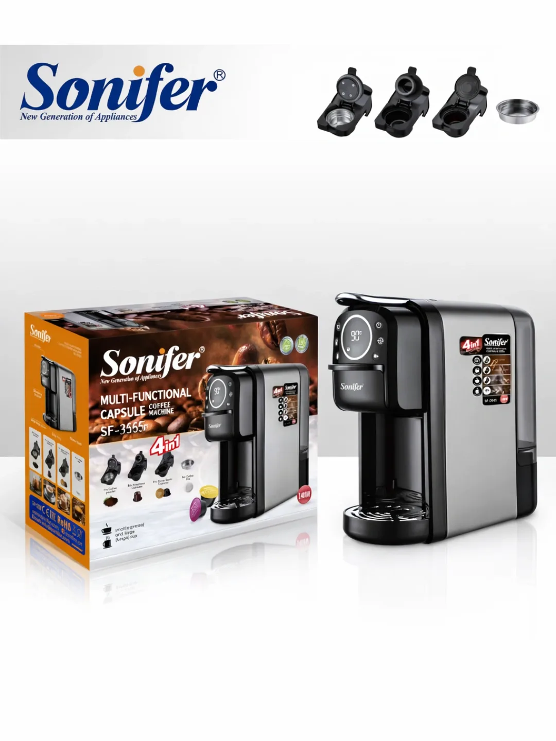 Kapsulali kofe mashinasi Sonifer SF-3555, 7 L, 1400 Vt, qora-kumushrang