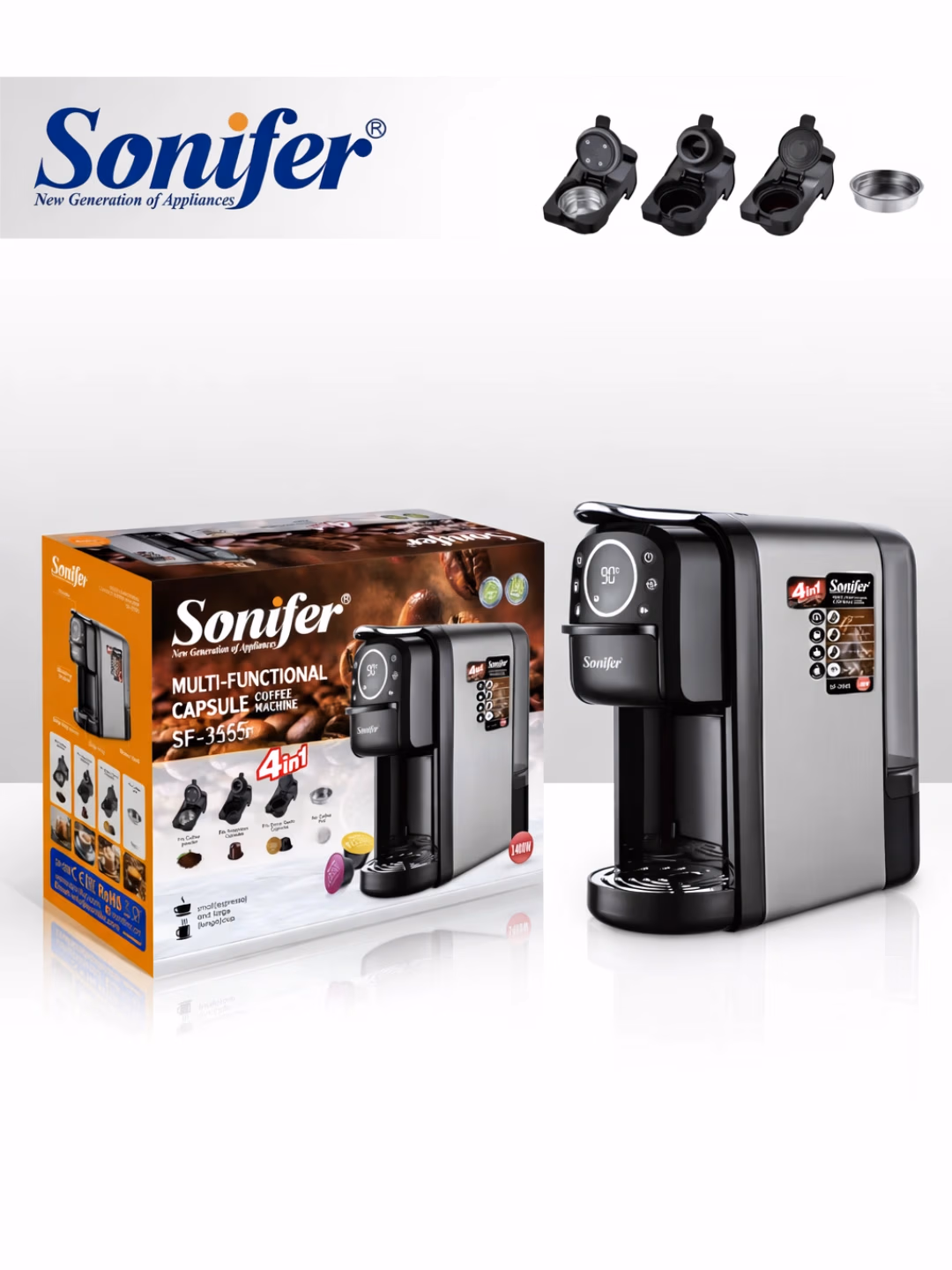 Kapsulali kofe mashinasi Sonifer SF-3555, 7 L, 1400 Vt, qora-kumushrang