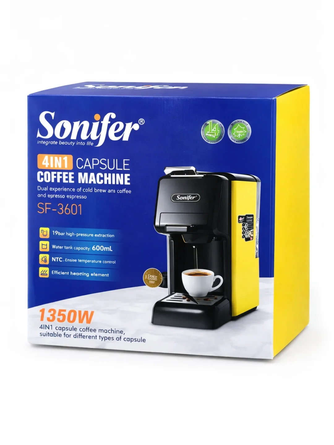 Kapsulali kofe qaynatgich Sonifer SF-3601 4 tasi 1 da, 19 bar, sariq-qora