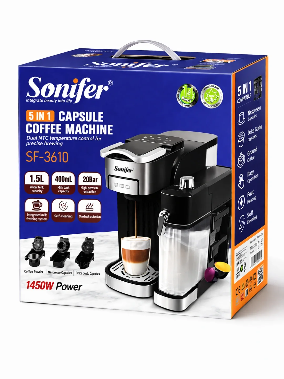 Kofe mashinasi Sonifer SF-3610 5 tasi 1 da, 20 bar, 1.5 L