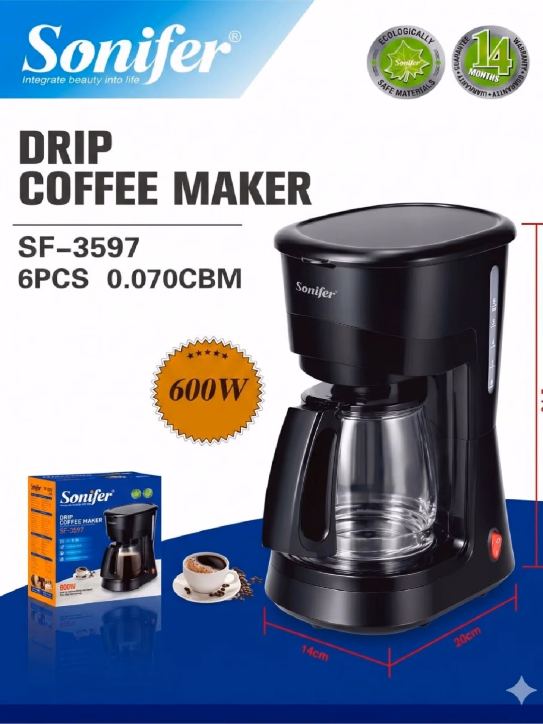 Tomchili kofe qaynatgich Sonifer SF-3597, 0.6 L, 600 Vt, qora