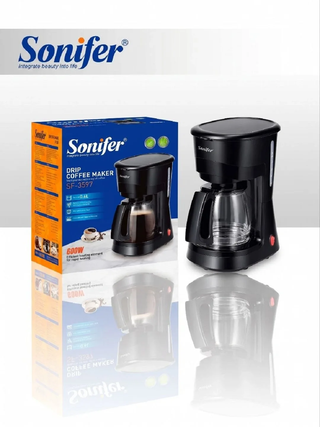 Tomchili kofe qaynatgich Sonifer SF-3597, 0.6 L, 600 Vt, qora