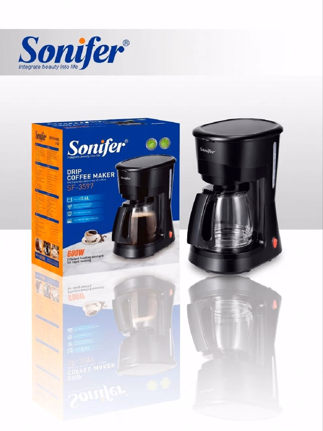 Tomchili kofe qaynatgich Sonifer SF-3597, 0.6 L, 600 Vt, qora - 2