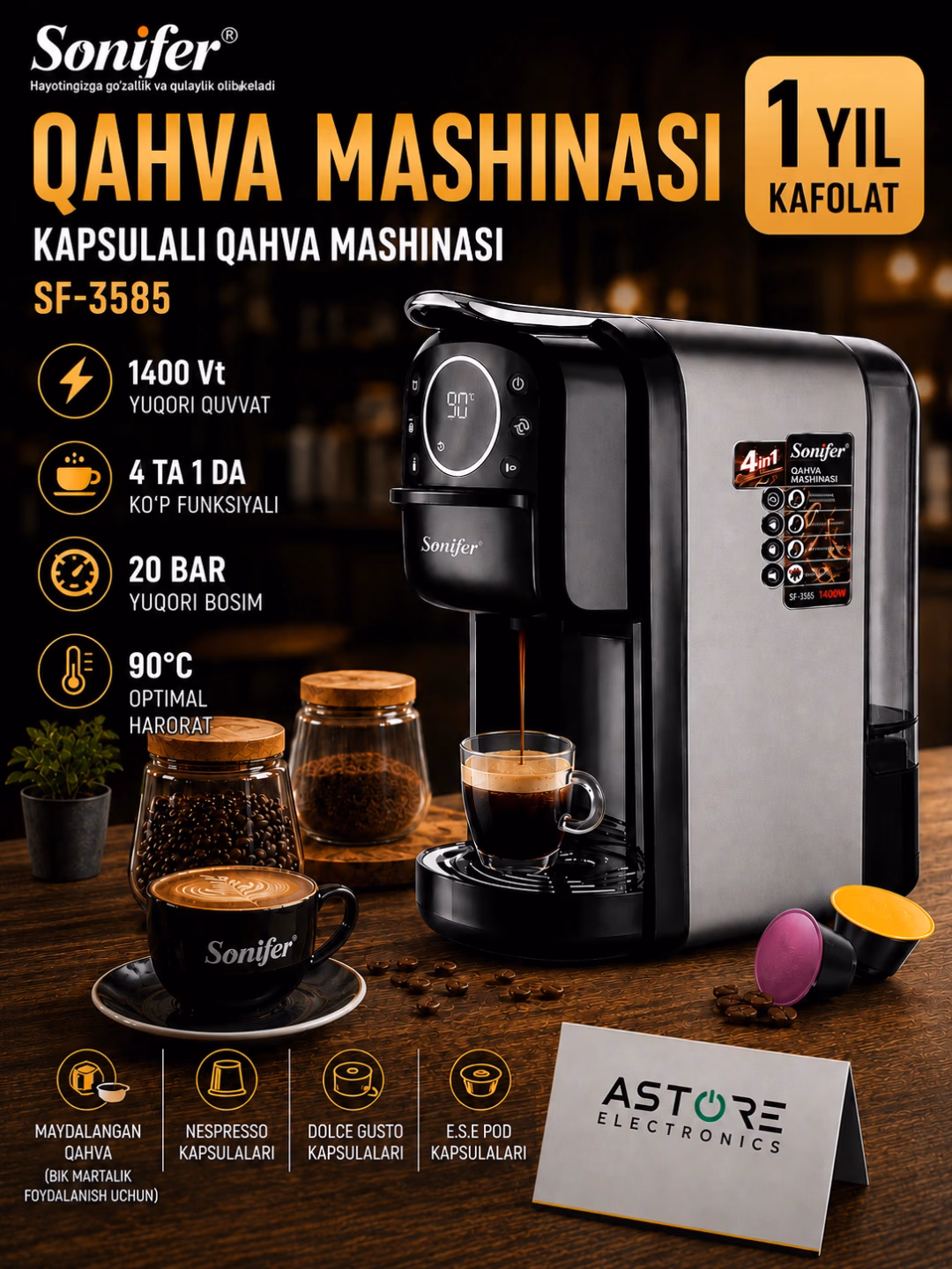 Kapsulali kofe qaynatgich Sonifer SF-3585 Premium 4 tasi 1 da, 20 bar - 3