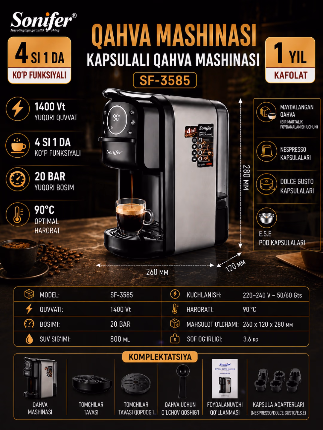 Kapsulali kofe qaynatgich Sonifer SF-3585 Premium 4 tasi 1 da, 20 bar - 5