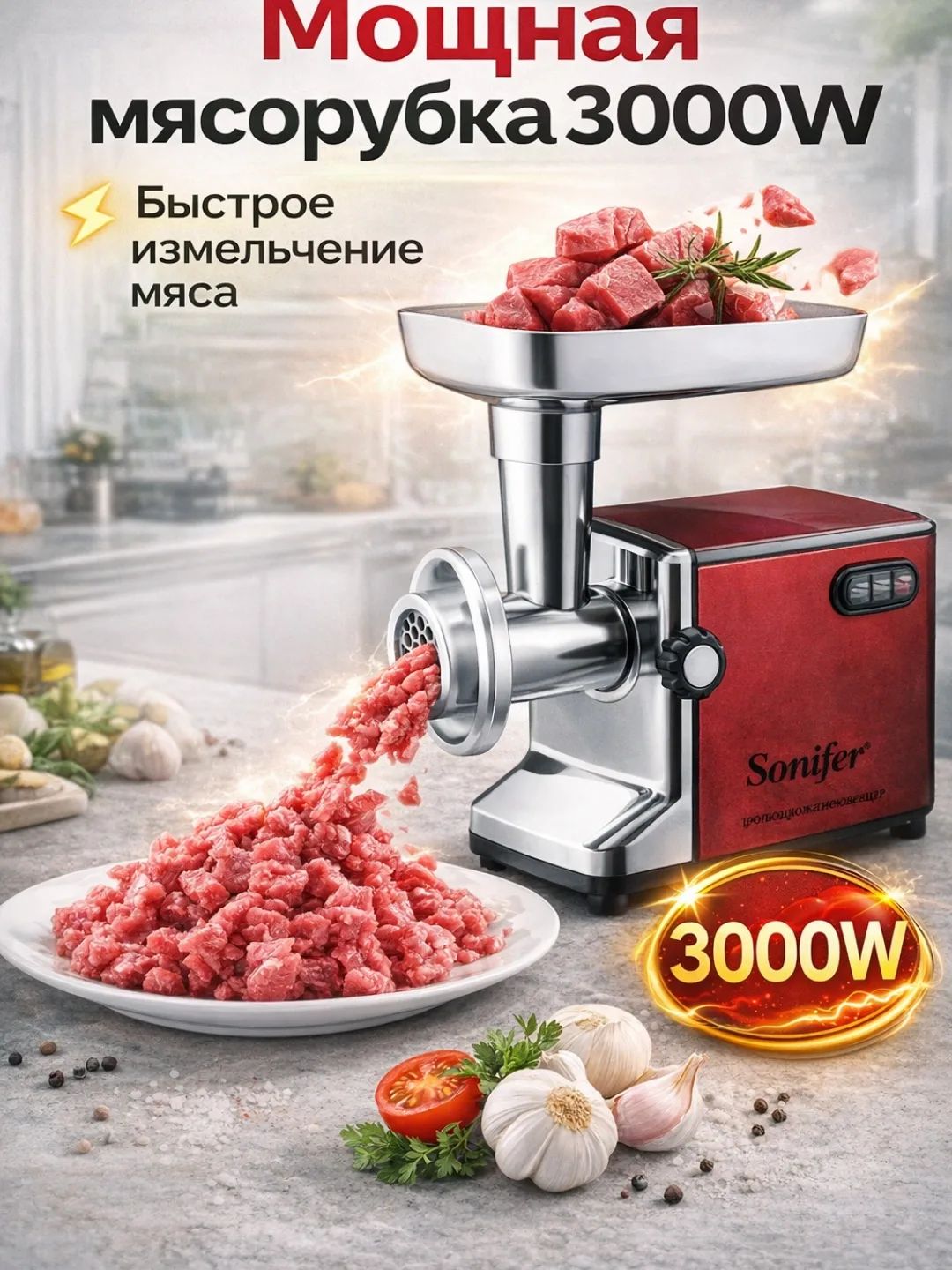 Elektr go'shtqiymalagich Sonifer SF-5001, 3000 Vt, qizil