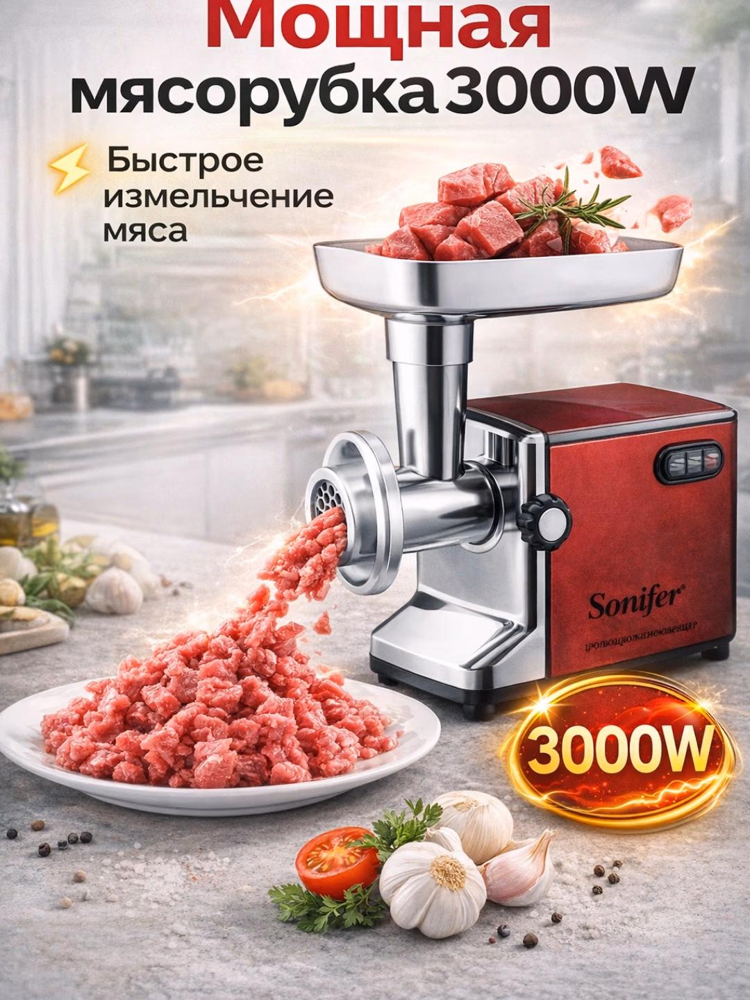 Elektr go'shtqiymalagich Sonifer SF-5001, 3000 Vt, qizil
