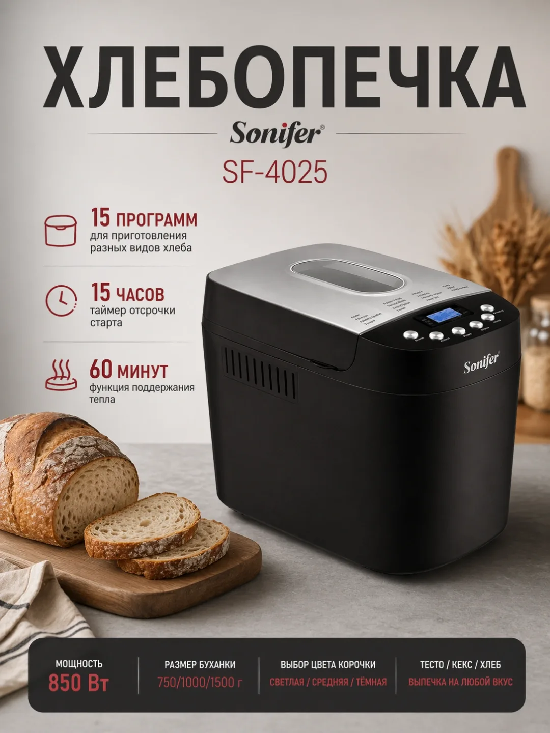 Non pishirgich Sonifer SF-4025, 15 ta dastur, 850 Vt, qora