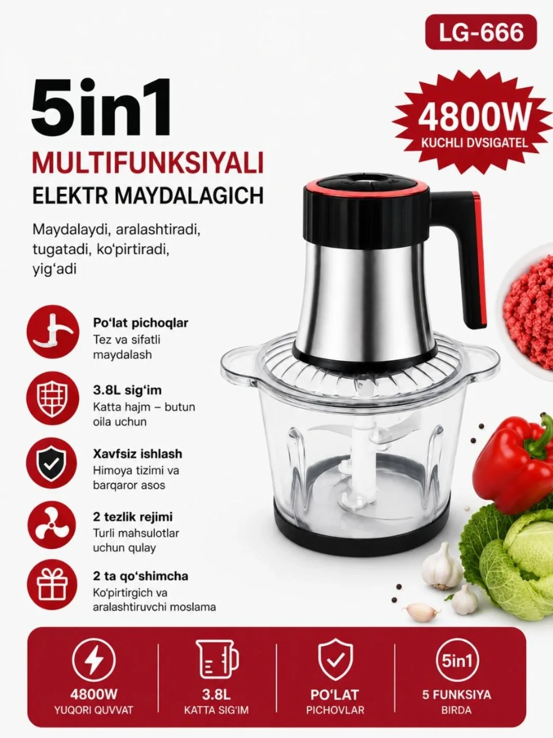 Elektr chopper-maydalagich LG LG-666, 3.8 L, 4800 Vt