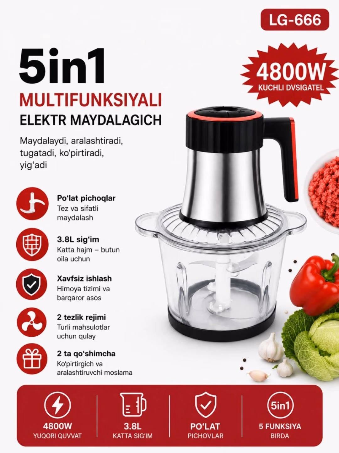 Elektr chopper-maydalagich LG LG-666, 3.8 L, 4800 Vt