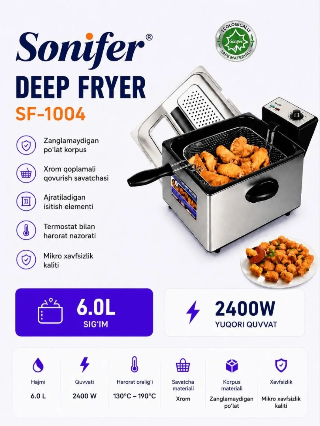 Elektr frityurnitsa Sonifer SF-1004, 6 L, 2400 Vt, metall
