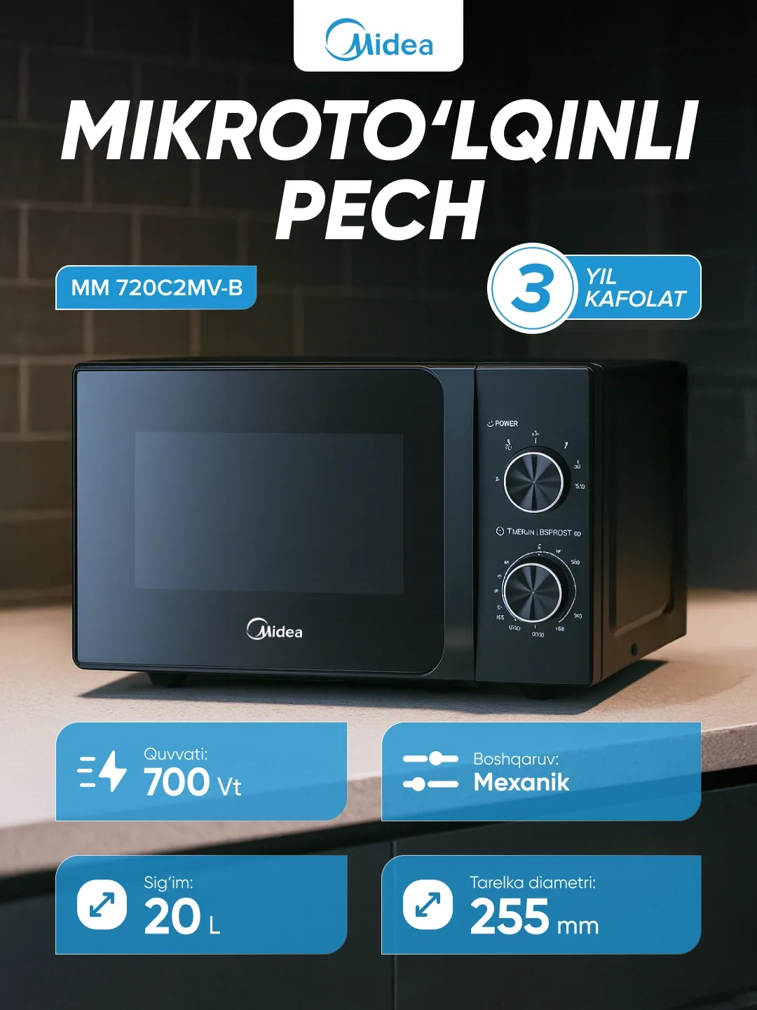 Mikroto'lqinli pech Midea MM 720C2MV-B, 20 L, qora