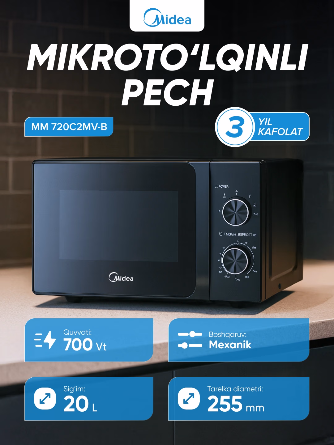 Mikroto'lqinli pech Midea MM 720C2MV-B, 20 L, qora