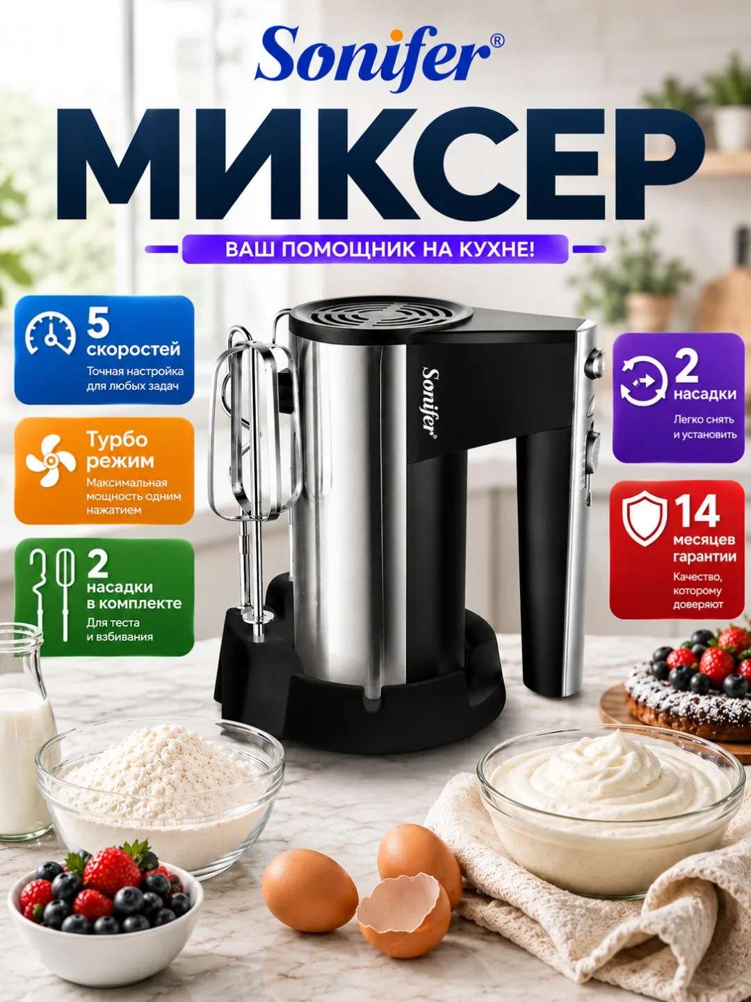 Qo'l mikseri Sonifer SF-7002 Turbo, qora-kumush