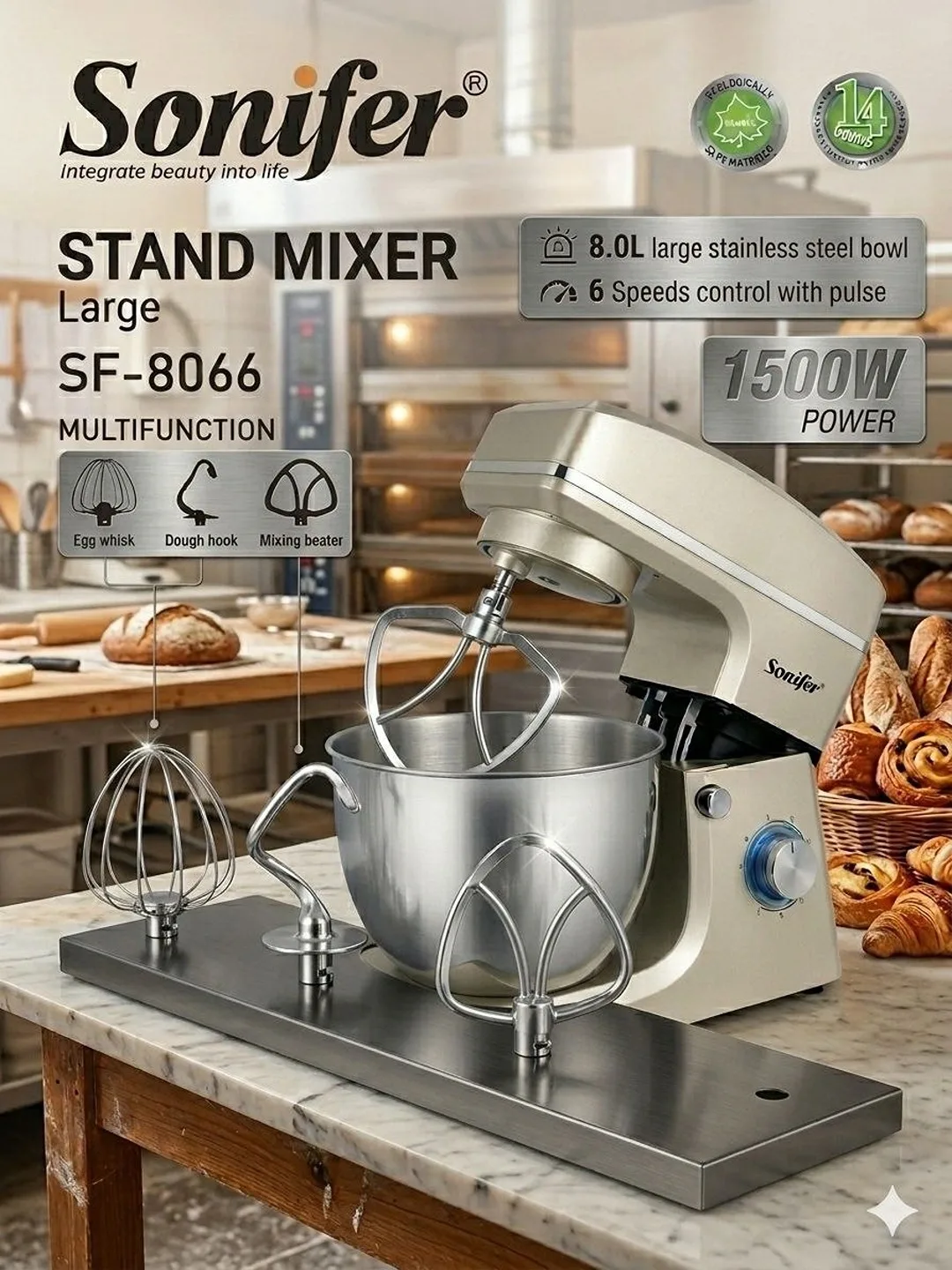 Planetar mikser Sonifer SF-8066, 8.0 L, 1500 Vt, kumushrang