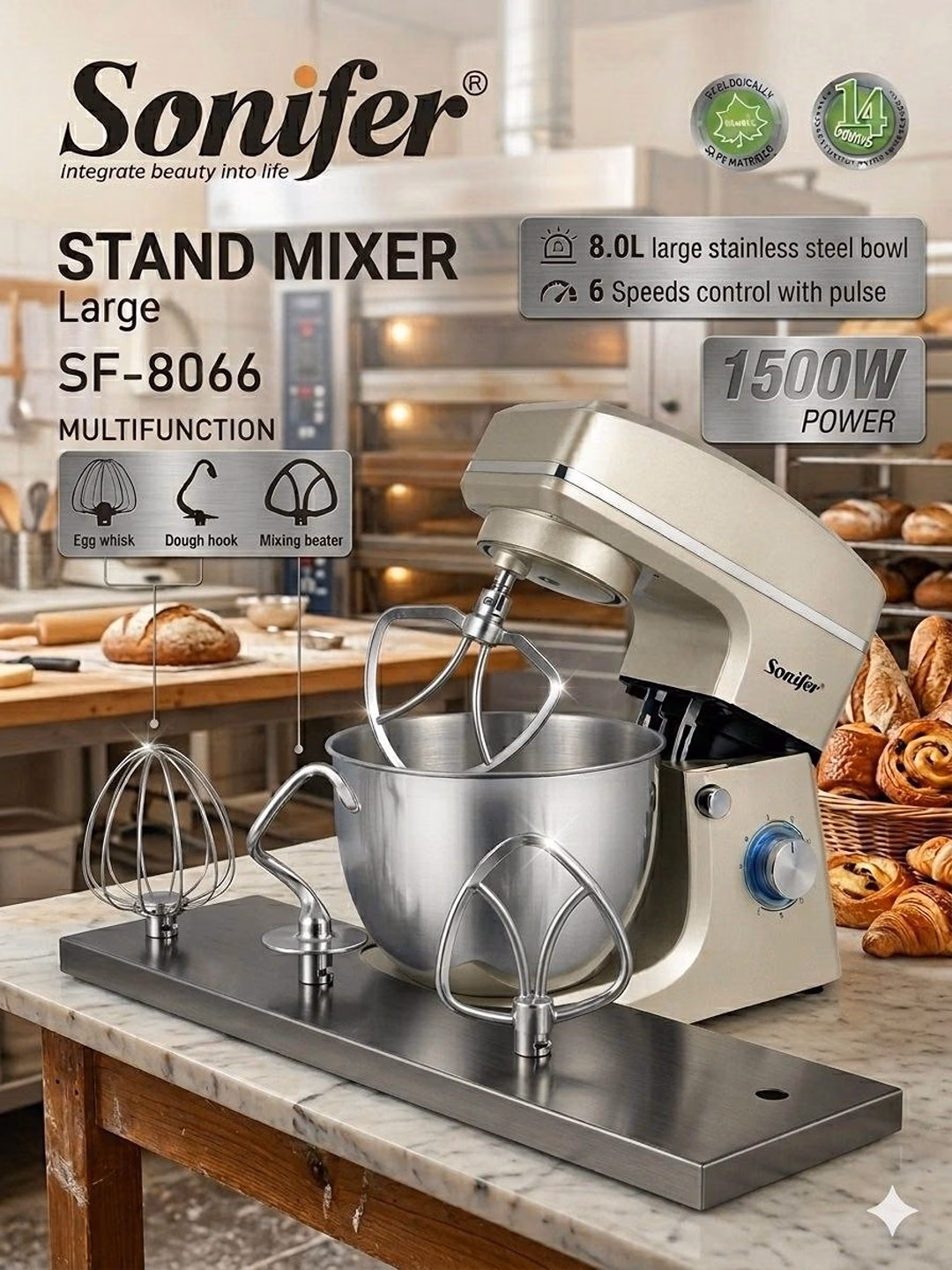 Planetar mikser Sonifer SF-8066, 8.0 L, 1500 Vt, kumushrang - 4