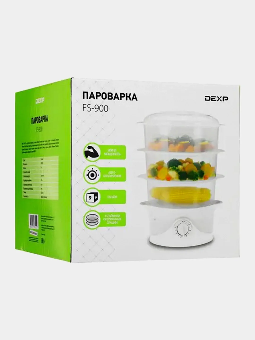 Elektr bug'pishirgich DEXP FS-900, 3 qavatli, 9 L, 800 Vt, oq