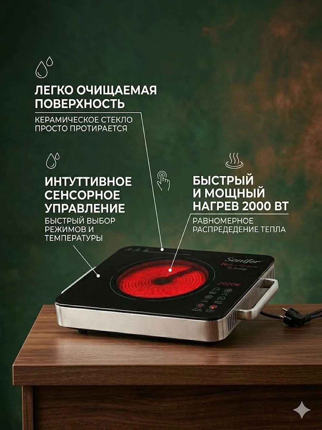 Elektr plita Sonifer SF-3039, sensorli, 2000 Vt, qora-kumush