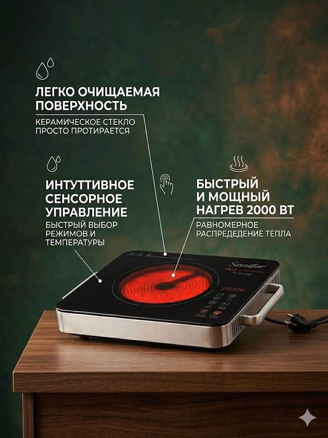 Elektr plita Sonifer SF-3039, sensorli, 2000 Vt, qora-kumush - 2