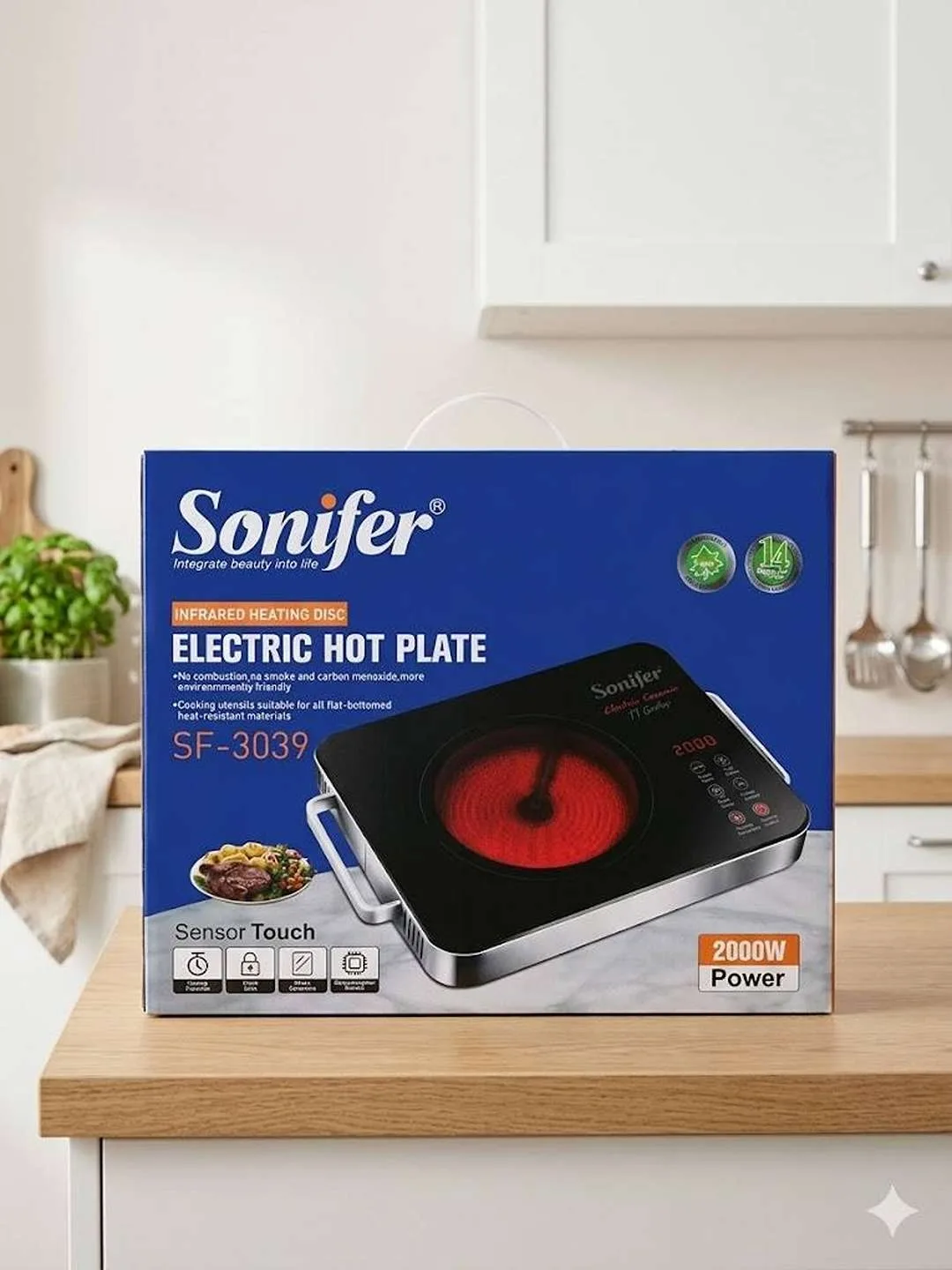Elektr plita Sonifer SF-3039, sensorli, 2000 Vt, qora-kumush