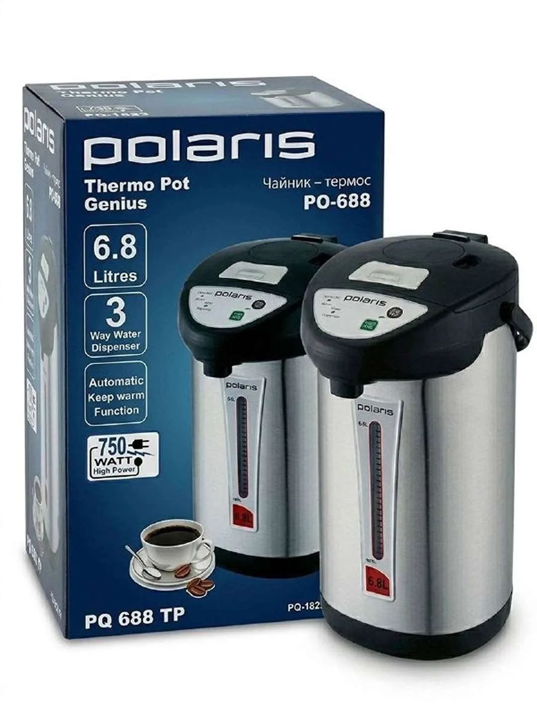 Termopot Polaris PO-688, 6.8 L, 750 Vt, kumush-qora