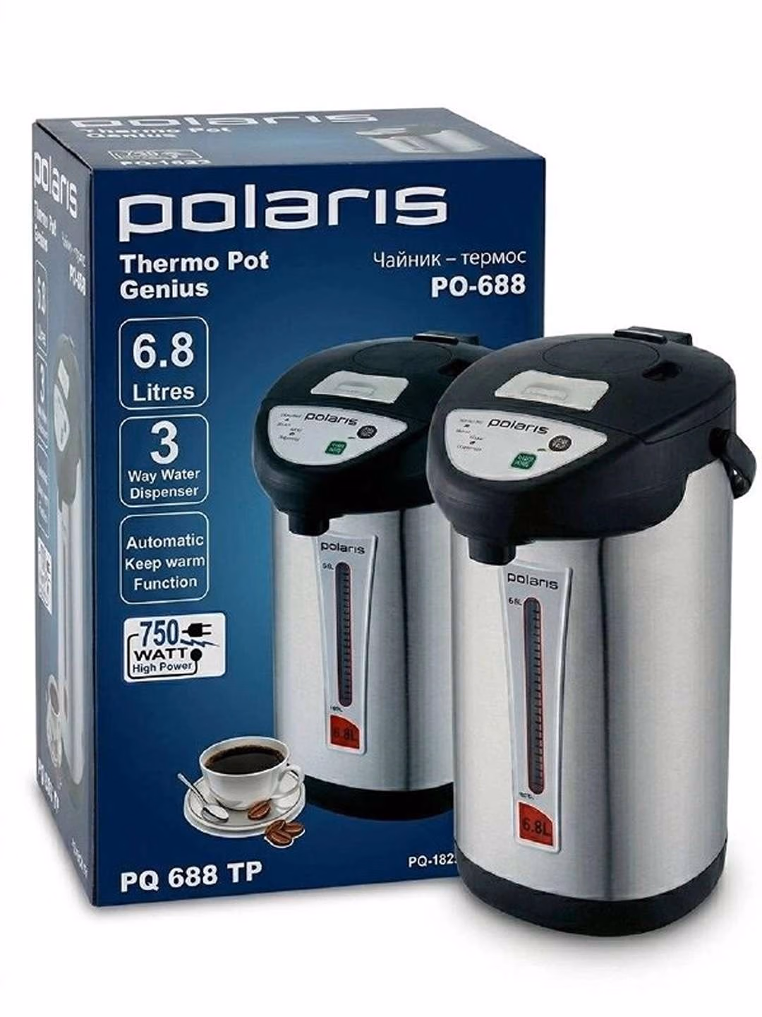 Termopot Polaris PO-688, 6.8 L, 750 Vt, kumush-qora