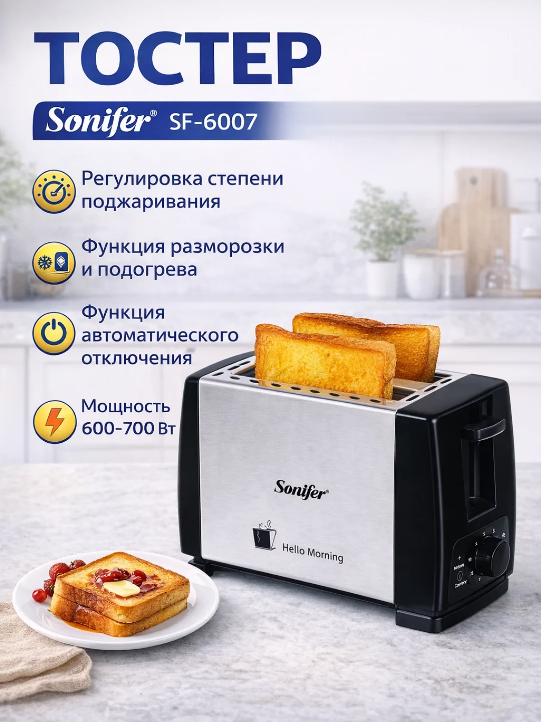 Toster Sonifer SF-6007, 700 Vt, kumushrang-qora