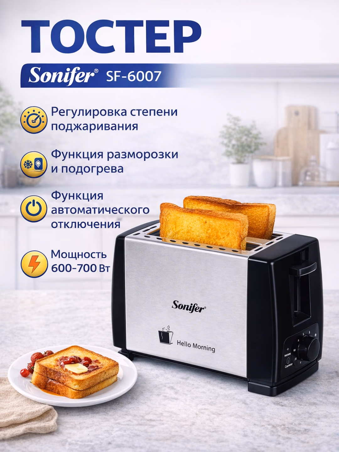 Toster Sonifer SF-6007, 700 Vt, kumushrang-qora - 3