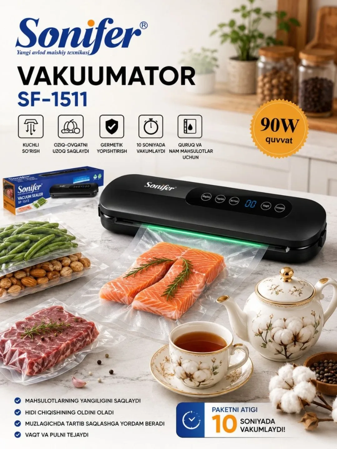 Vakuumli qadoqlash mashinasi Sonifer SF-1511, 90 Vt, qora