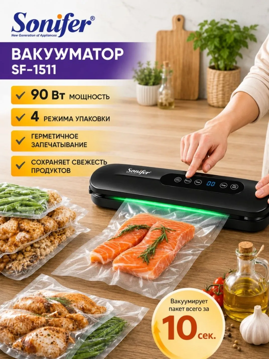 Vakuumli qadoqlash mashinasi Sonifer SF-1511, 90 Vt, qora