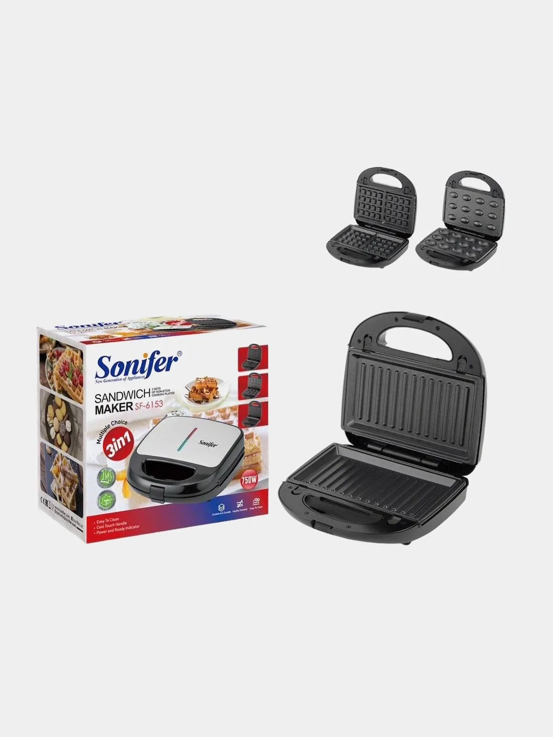 Sendvich va vafli pishirgich Sonifer SF-6153, qora-kumushrang